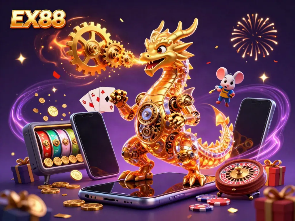 Experience the excitement of EX88 with a vivid scene of a golden dragon and slot games.