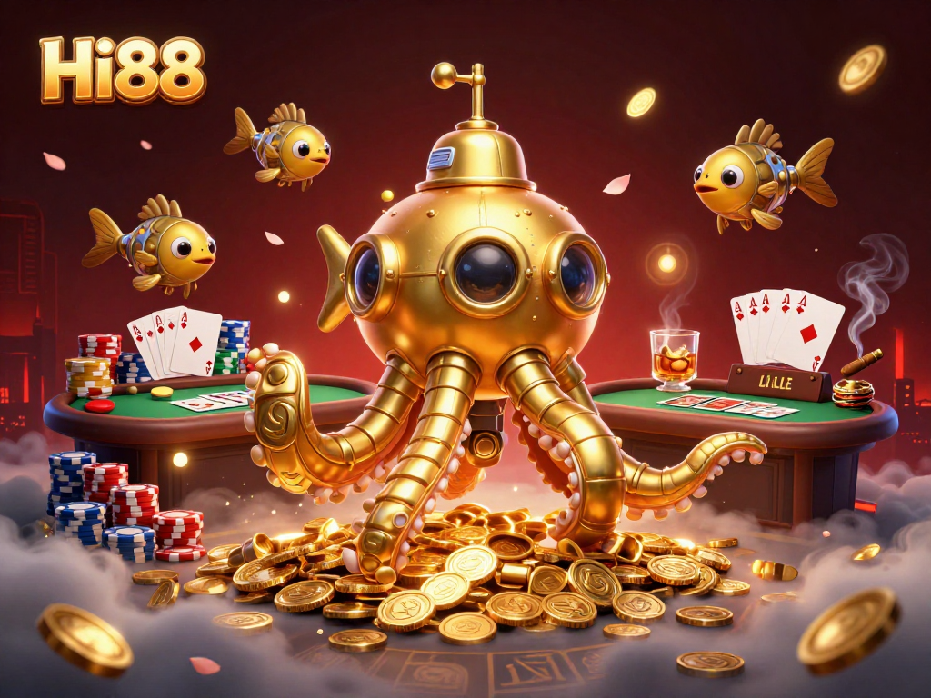 Experience the thrills of Hi88 with a captivating 3D gambling scene featuring poker elements and a kraken submarine.