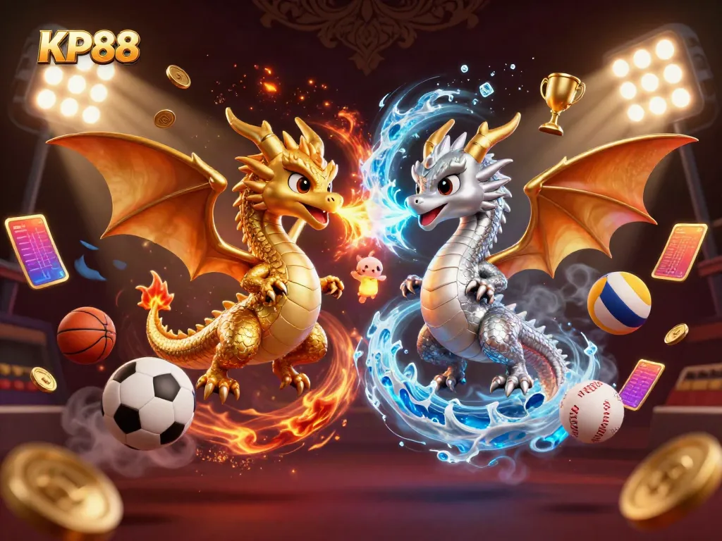 Engage in the thrilling world of KP88 with vibrant sports and casino elements showcased in a dynamic dragon battle scene.