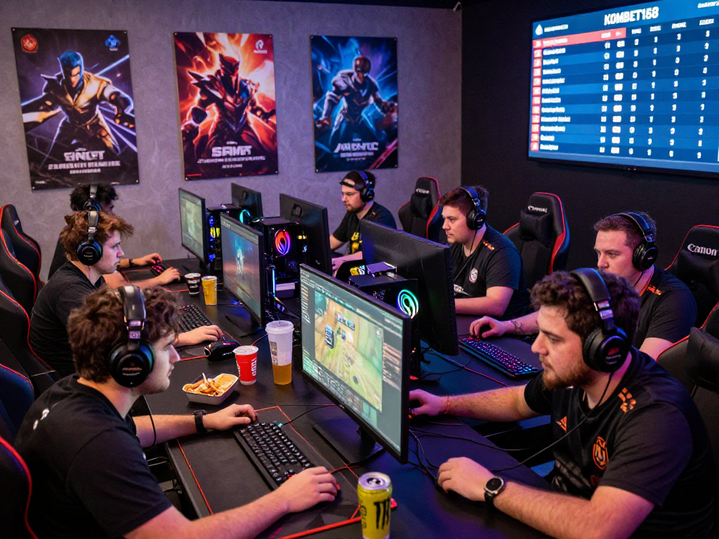 KOMBET168 gaming tournament scene with players focused on screens and vibrant LED lights.