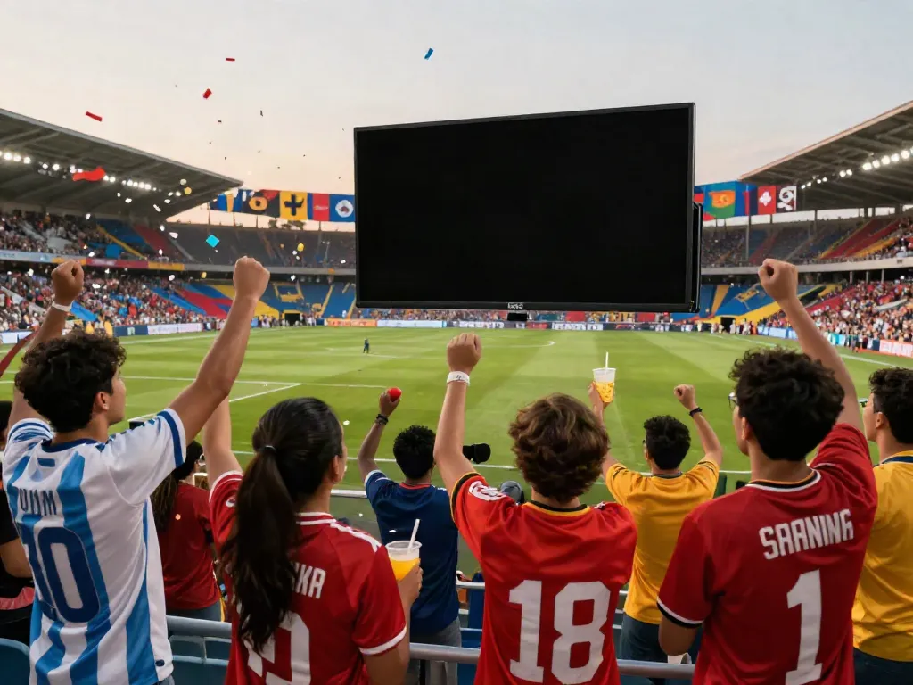 Fans celebrating a live football match streamed on Gavangtv in a lively stadium.