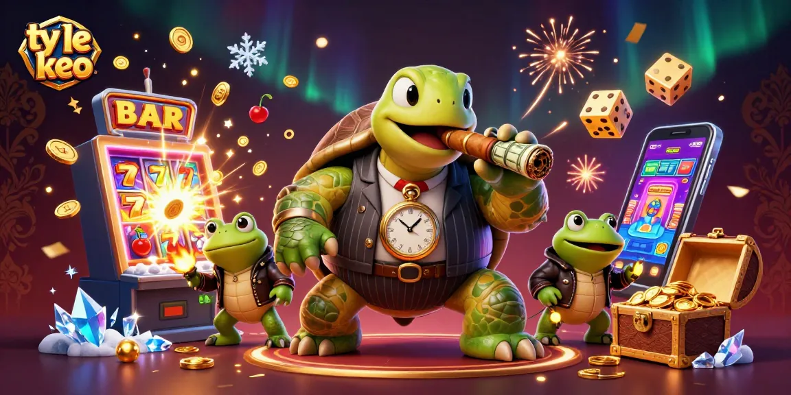 Experience ty le keo with a dynamic casino scene featuring a massive turtle and bullfrog enforcers amidst slot machines.