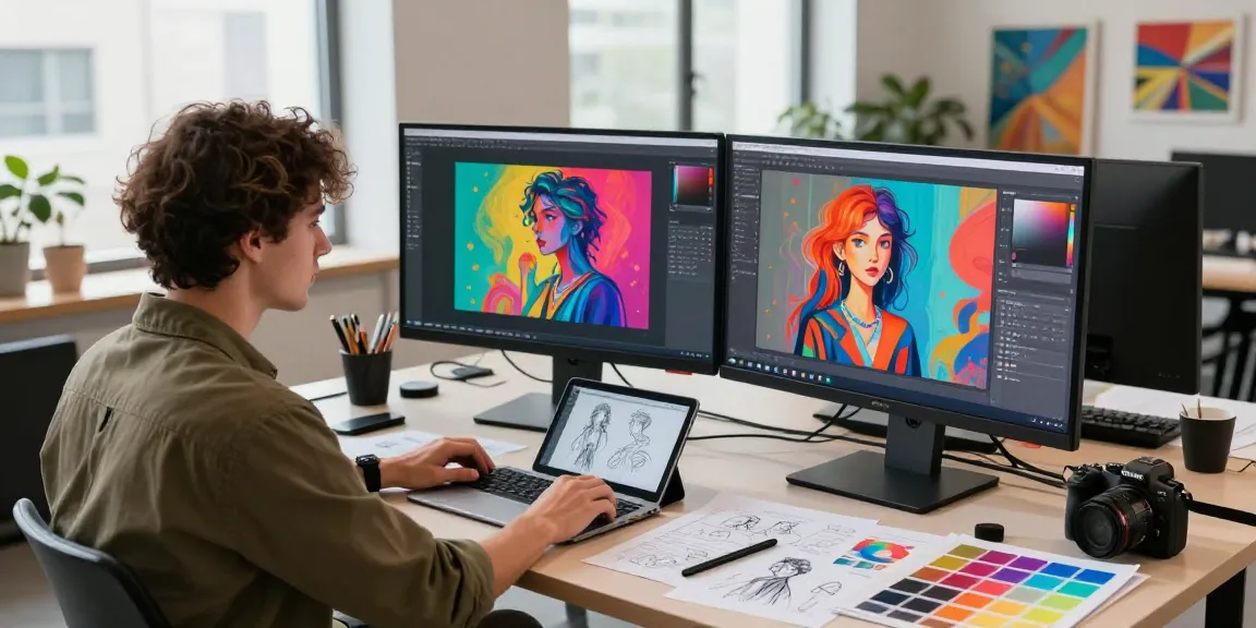 AI slut art generation scene with artist creating vibrant digital images in a modern studio.