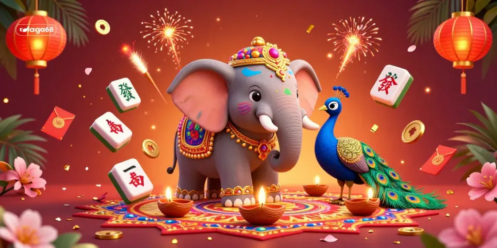 Daga68 showcases a colorful cartoon elephant and peacock in a lively casino illustration full of game elements.