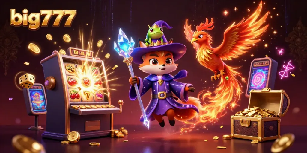 Experience the thrill of big777 with a mystical wizard and phoenix amidst a jackpot explosion.