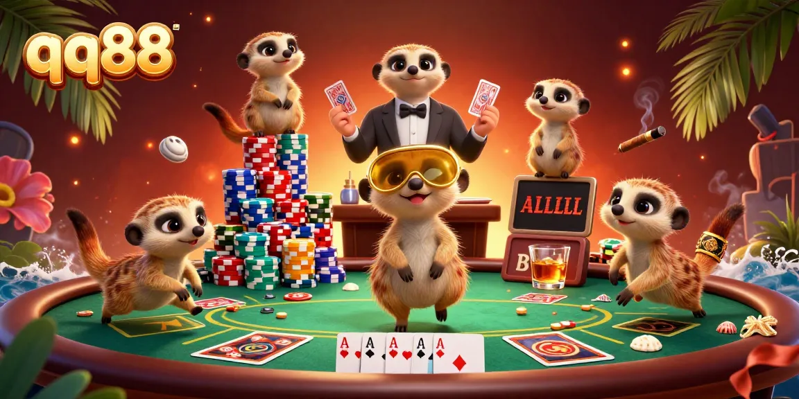 Engage in thrilling gameplay at qq88 casino, featuring a lively meerkat casino scene with poker dynamics.