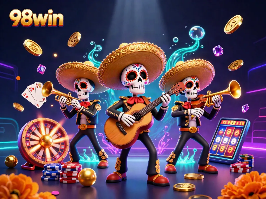 Experience the vibrant atmosphere of 98win's casino with dynamic mariachi characters and energetic gaming elements.