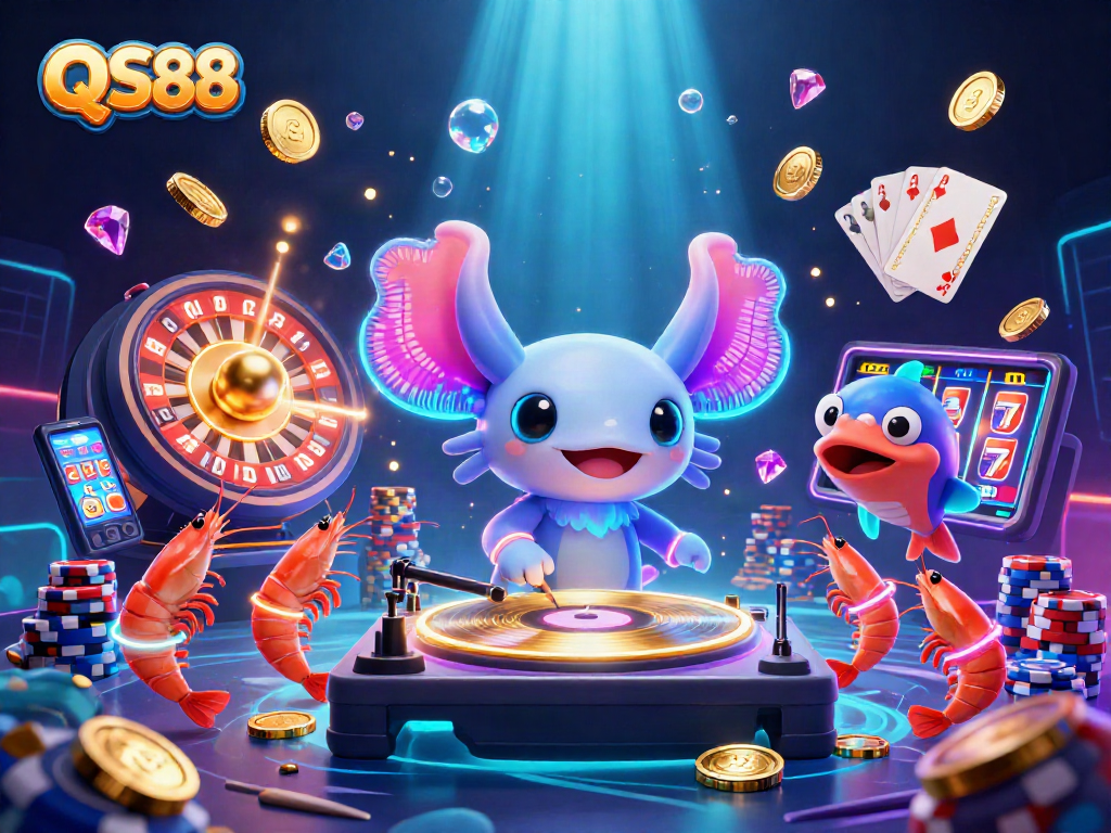 Experience thrilling gameplay at QS88 with a neon underwater party of characters and casino elements.
