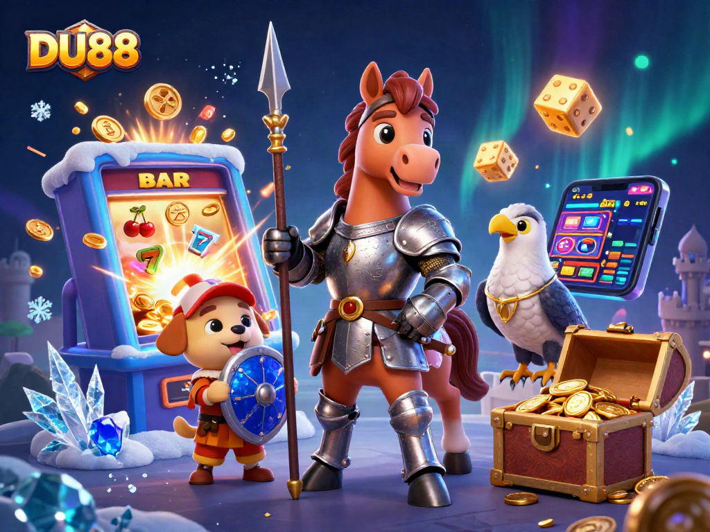 Experience excitement with DU88 as coins and jackpot symbols burst from a vibrant casino scene.