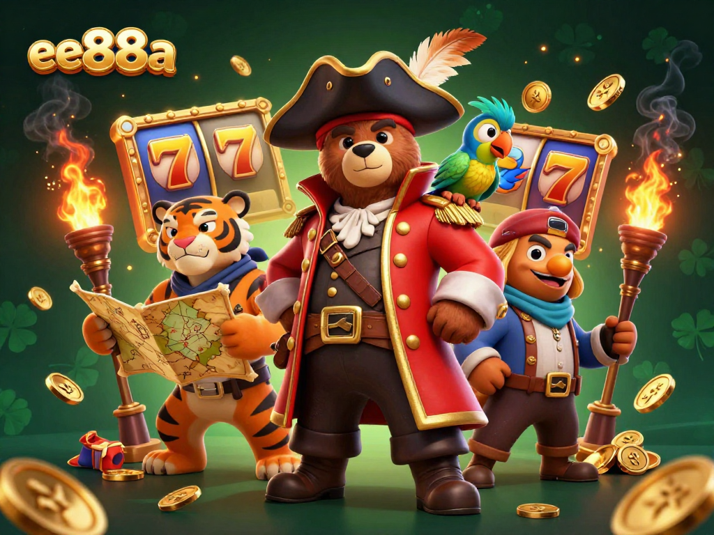 Experience the thrill at ee88a casino with a vibrant 3D illustration of gambling elements and characters.