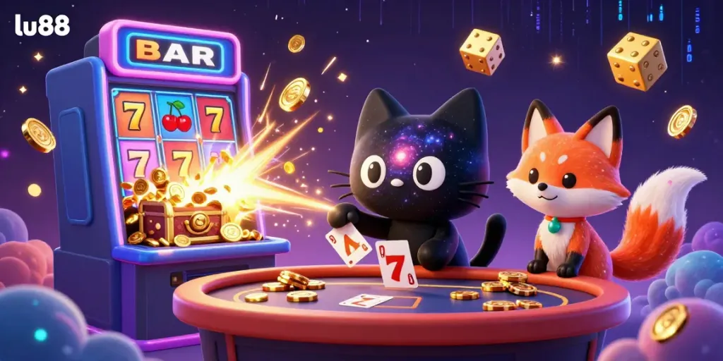 lu88 cat pulls in casino chips at a cosmic table with colorful fox companion.