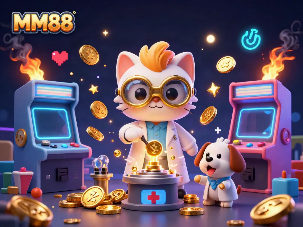 Win big at MM88 with a 3D illustration of a mad scientist cat creating gold coins in a lively casino environment.