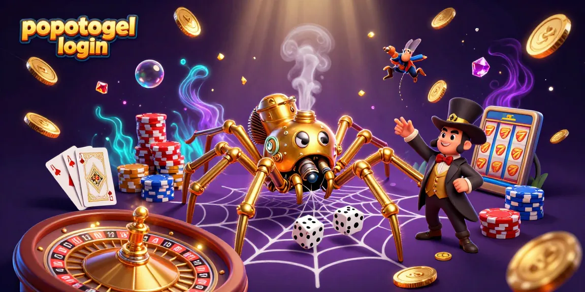 Experience popotogel login with an engaging 3D casino illustration showcasing steampunk characters and dynamic game elements.