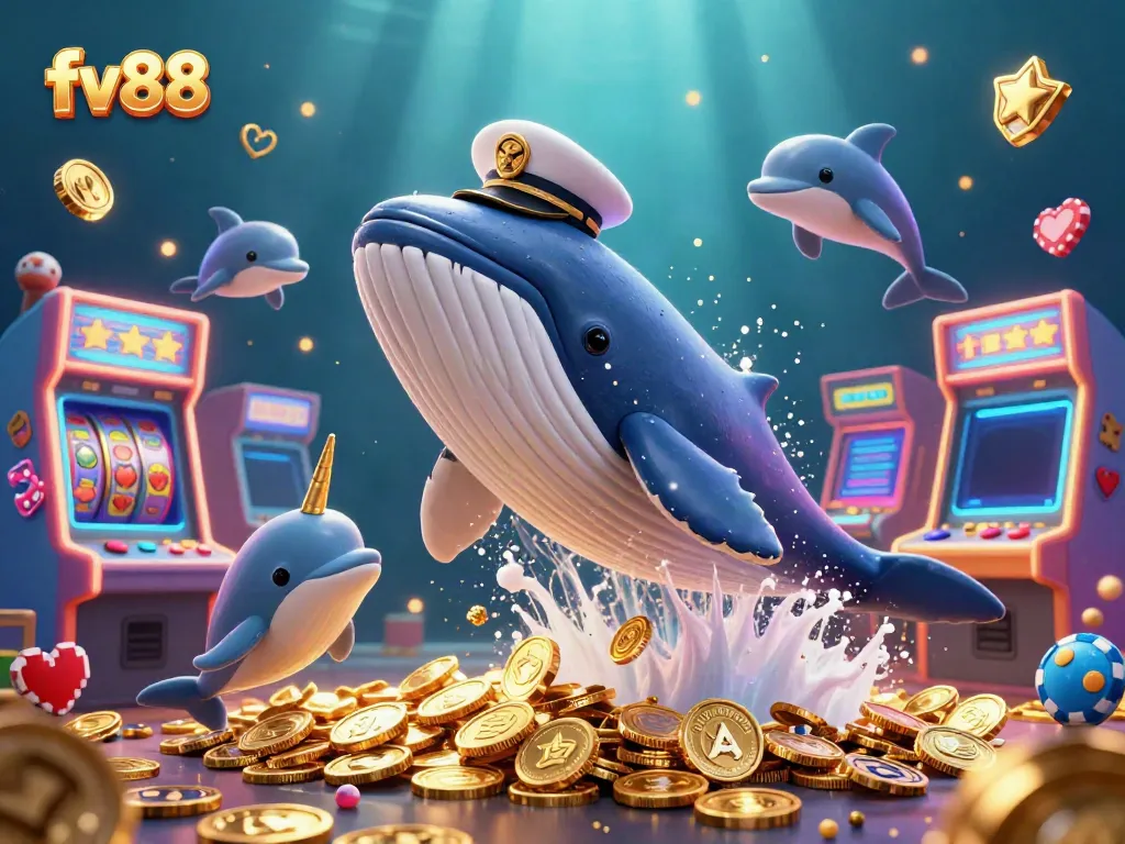 Immerse in the exciting world of fv88 as playful dolphins perform tricks surrounded by coins and vibrant slot reels.