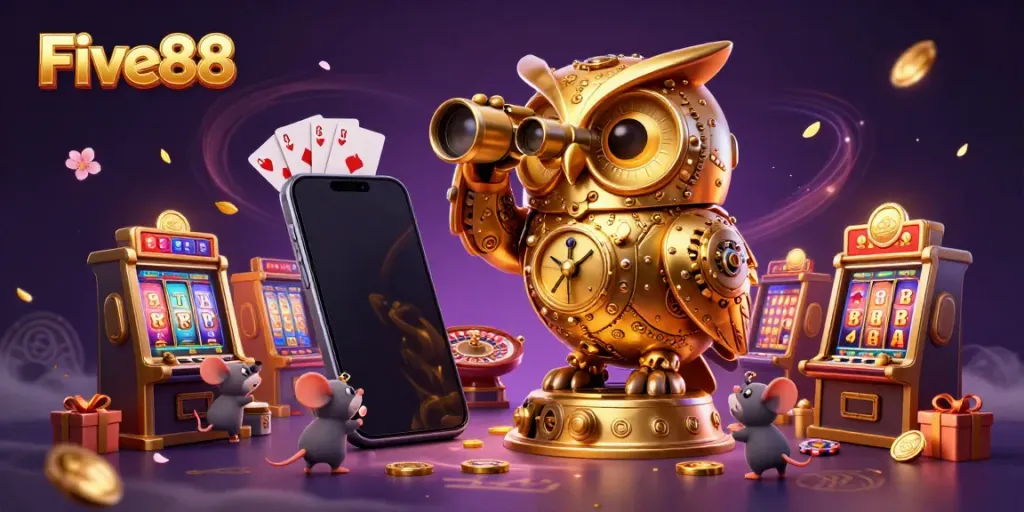 Engage with exciting gaming options at Five88 with a dynamic clockwork owl overseeing a vibrant casino scene.