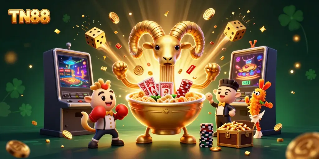 Engage with TN88's vibrant casino action featuring a giant ramen bowl dealer amid a colorful jackpot explosion.