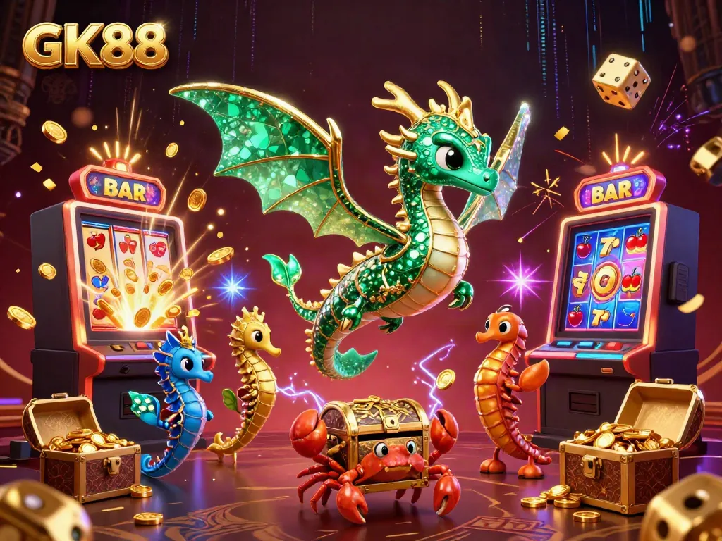 Spin the reels with GK88, as a magical sea dragon influences the jackpot in a colorful casino scene.