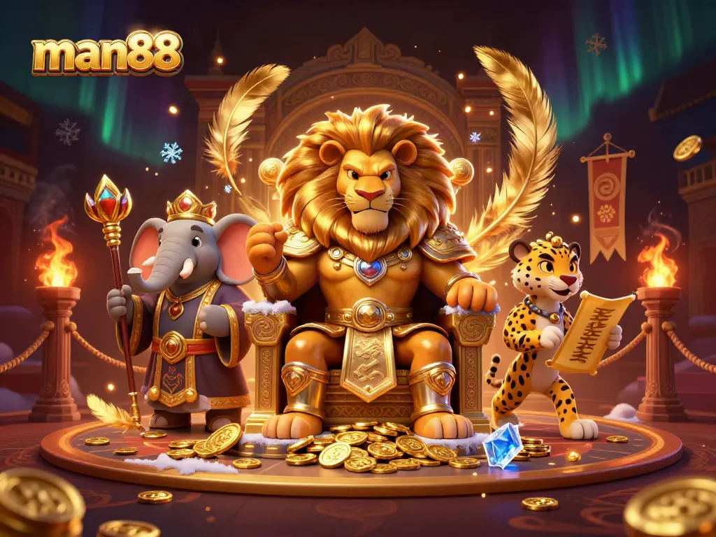 Experience thrilling wins with man88 featuring a fierce lion king, wise elephant, and swift cheetah in a dynamic casino scene.