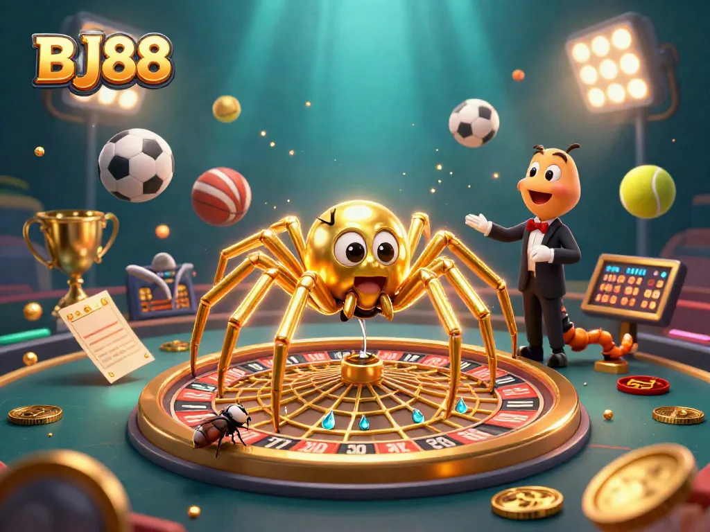 BJ88 captivates players as a golden spider spins a roulette wheel web, showcasing a thrilling gambling scene.