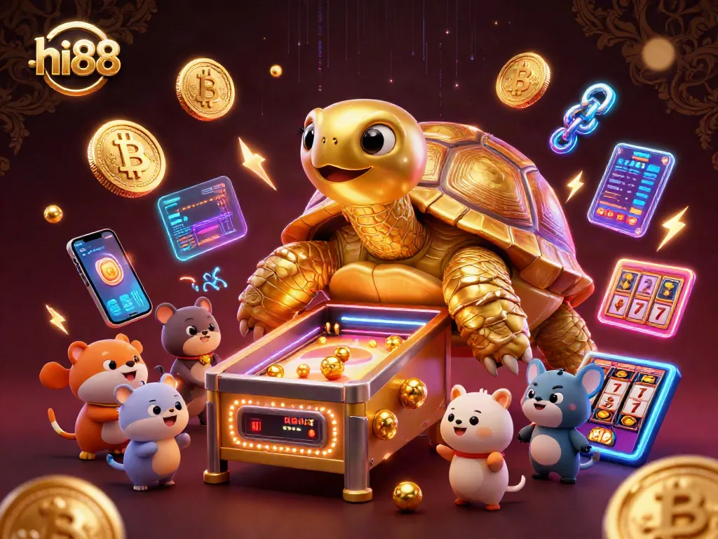 Experience the excitement at hi88 with animated casino games featuring a whimsical golden tortoise.