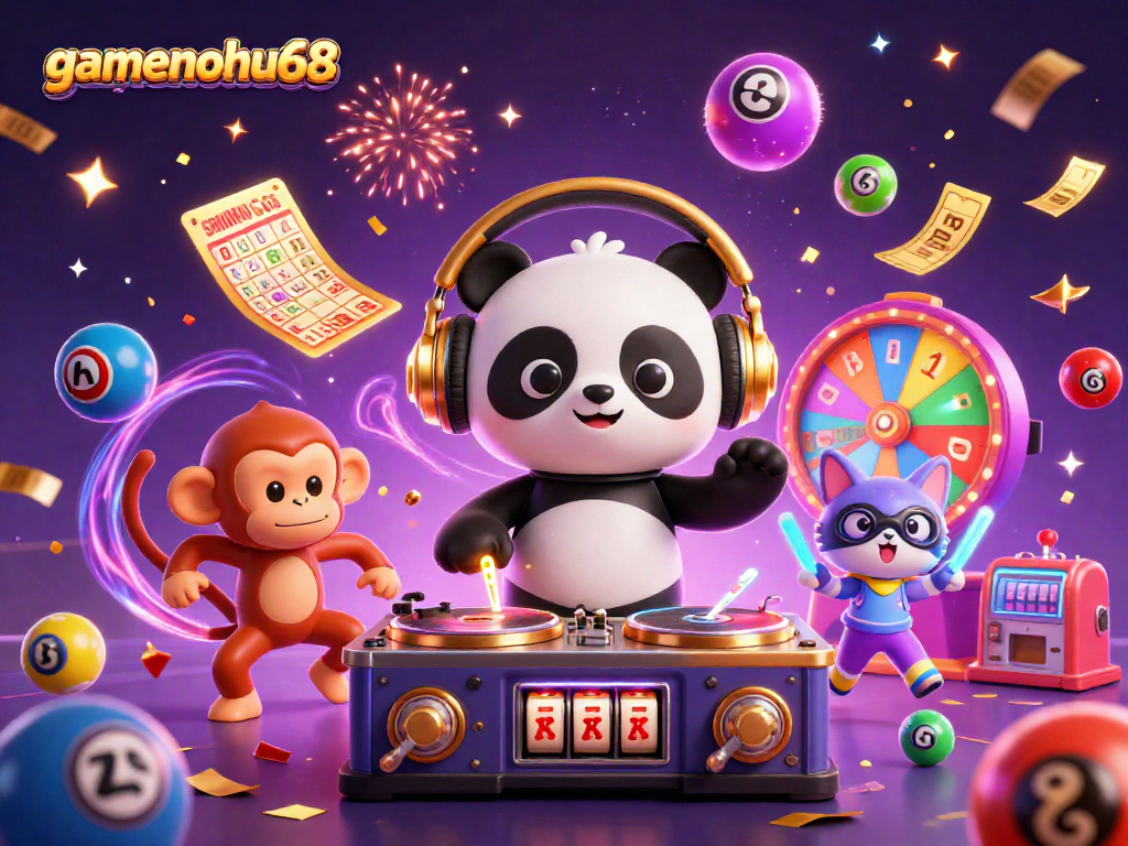 Experience the thrill at gamenohu68 with DJs, slot machines, and vibrant party elements!