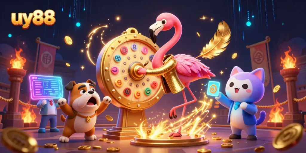 Spin the giant prize wheel at uy88 with vibrant casino elements and dynamic characters.