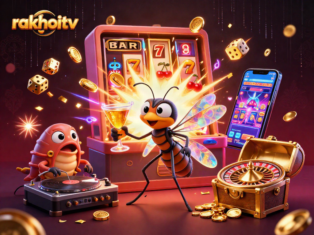 Experience the lively world of rakhoitv casino with a 3D illustration of a unique mascot and dynamic gaming elements.