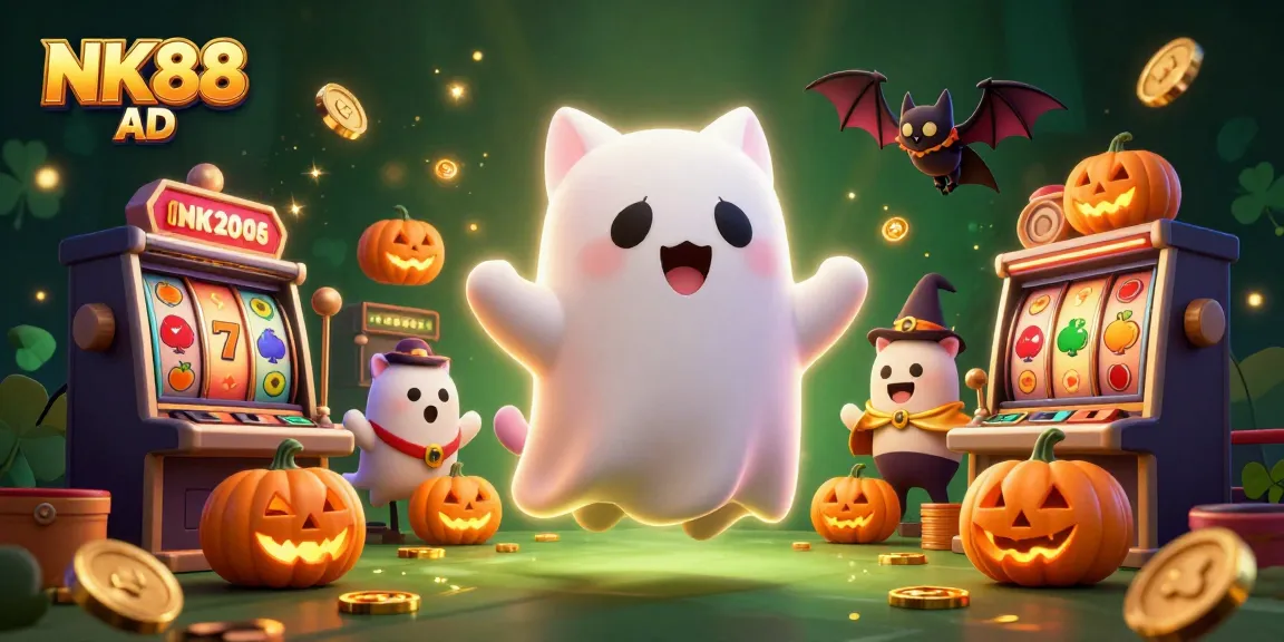 Experience thrilling gameplay at NK88 AD with slot reels and vibrant characters in a haunted casino