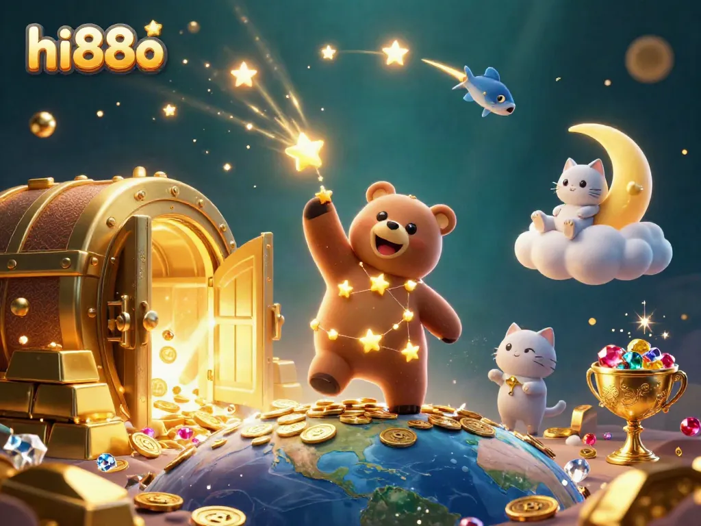Engage with hi88o's vibrant gaming atmosphere featuring a constellation bear among treasures and celestial companions.
