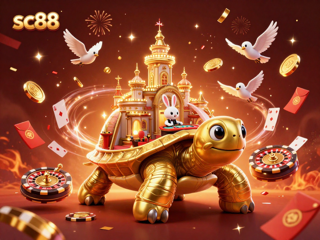 Experience exciting gaming action with sc88 at a lively casino scene featuring golden tortoise and a rabbit dealer.