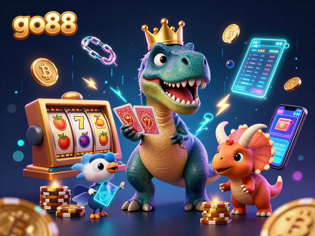 Engage with go88's thrilling casino adventure featuring a T-Rex dealt cards and colorful chips.