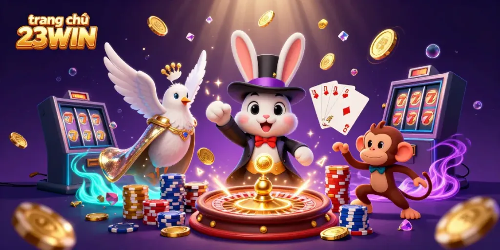 Experience the magic of money with the dynamic scene at trang chủ 23WIN, featuring a magician rabbit, dove, and monkey in a vibrant casino.