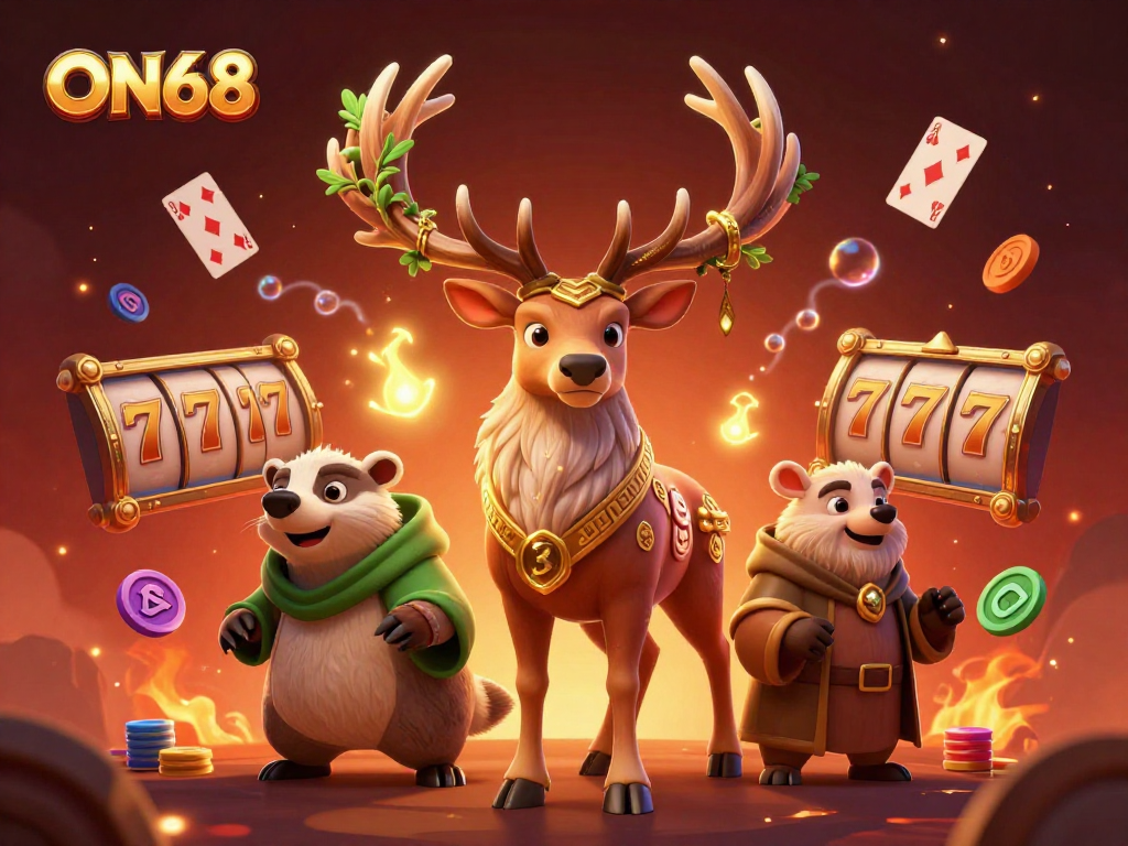 ON68 showcases an enchanting 3D scene with a druid stag and badger, surrounded by dynamic casino elements.