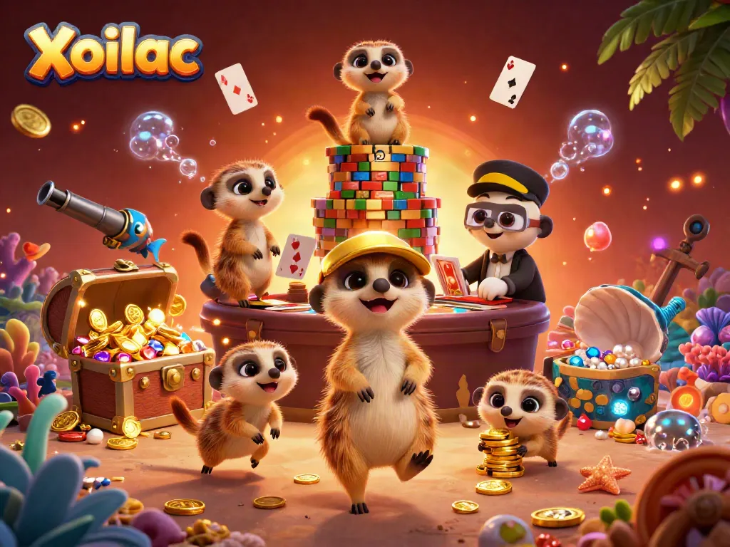 Xoilac showcases a vibrant meerkat casino scene with animated characters operating games and winning chips.