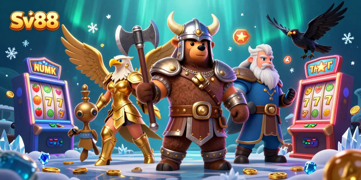 Join the thrill of Sv88 with a vibrant 3D illustration of slots and captivating casino characters engaging in winning action.