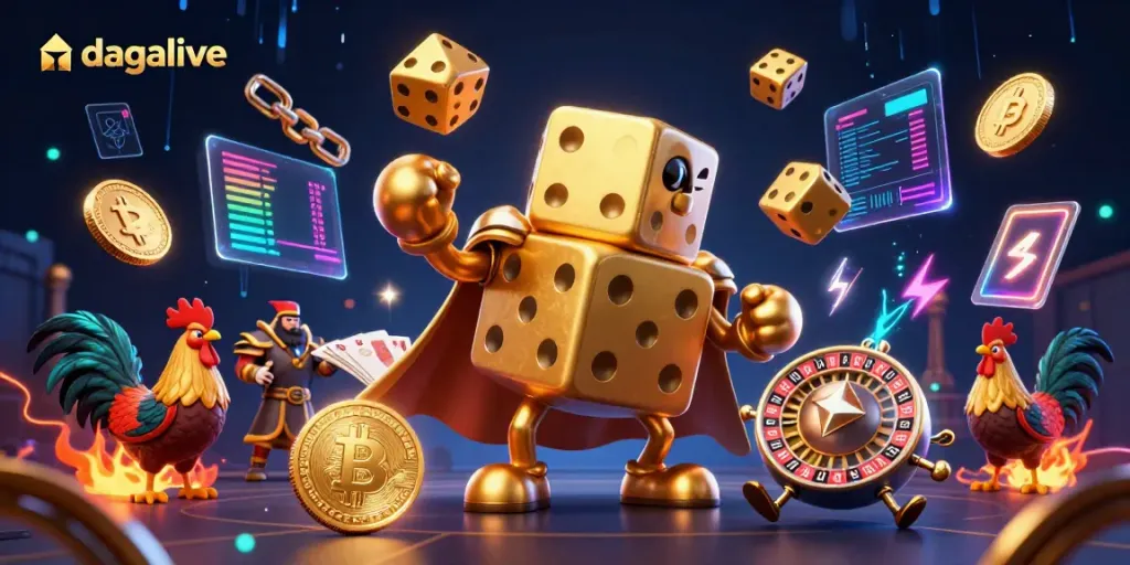 Experience thrilling cockfighting action at dagalive with dynamic scenes of golden dice and vibrant game elements.