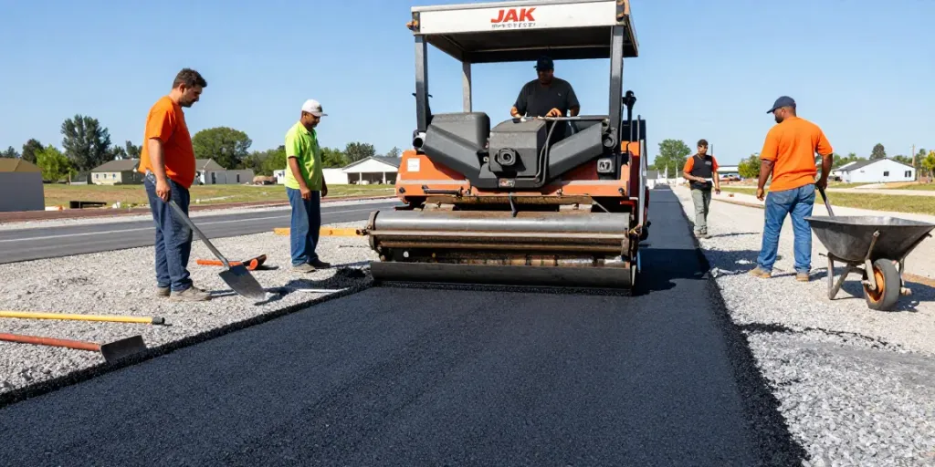 JAK Paving team paving a smooth asphalt surface on a sunny day, highlighting their expertise in construction.