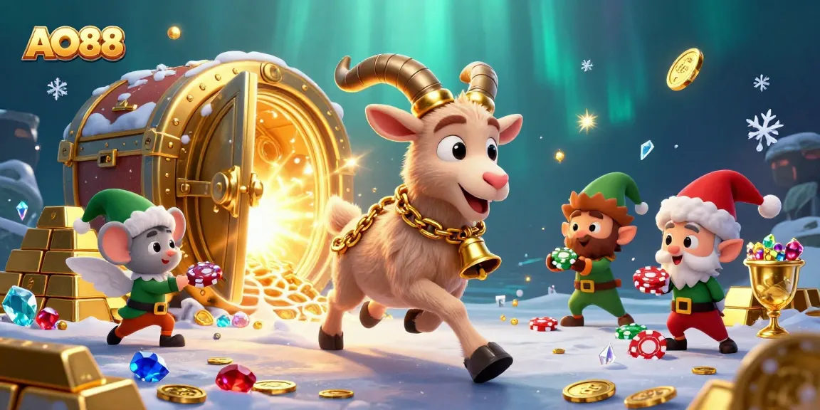 Engage in thrilling casino adventures at AO88 with a festive gaming scene featuring edgy characters and dazzling treasures.