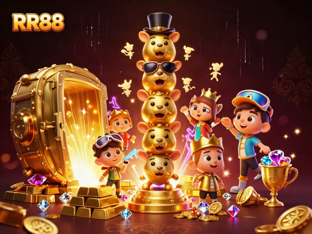Win big at RR88 with a vibrant 3D casino scene full of excitement and treasures.