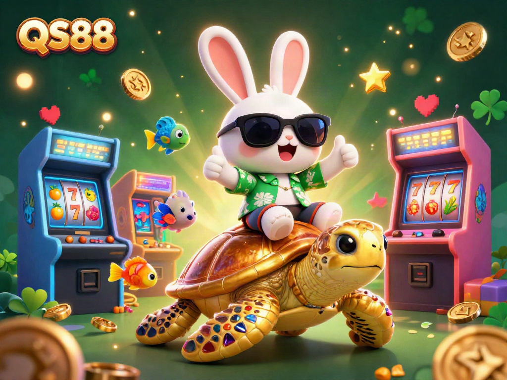 Engage with QS88's lively casino scene featuring a lucky rabbit and golden turtle among slot reels.
