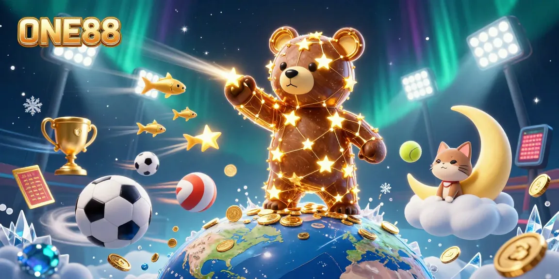 Experience the thrill of ONE88 with our vibrant casino-themed illustration featuring golden stars and playful characters.
