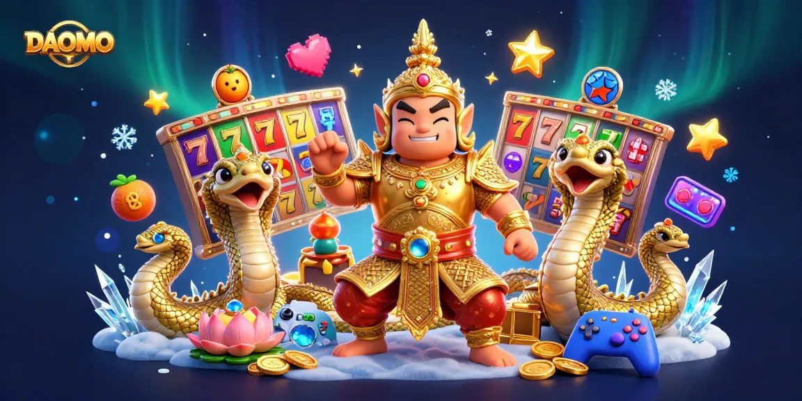 Engage with DAOMO's exhilarating jackpot experience surrounded by vibrant slot elements and dynamic characters.