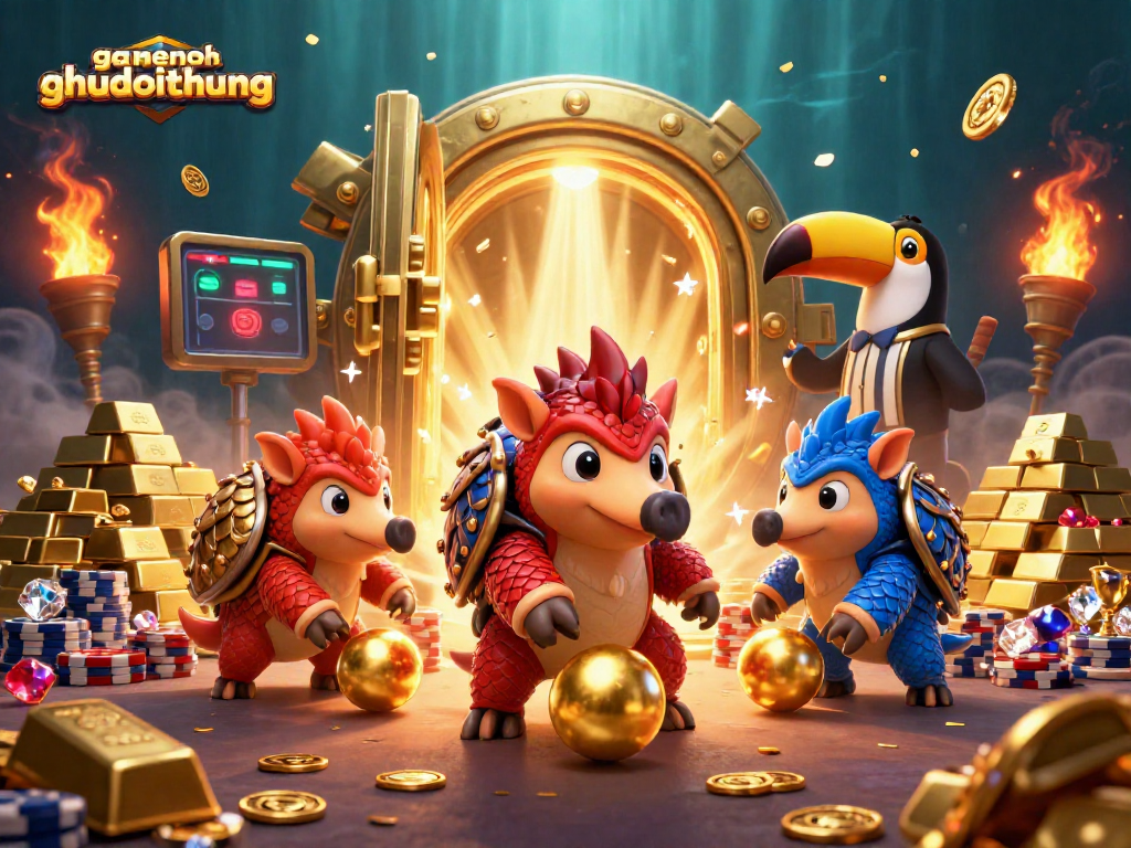 Experience the thrilling gameplay of gamenohudoithuong with vibrant rival pangolins in an animated treasure scene.