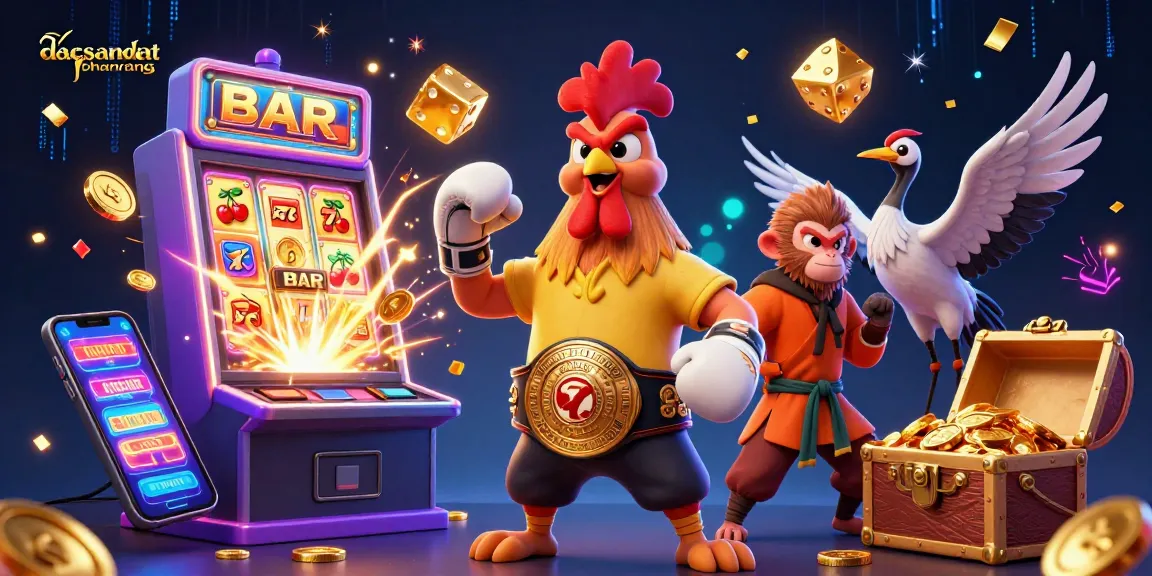 dacsandatphanrang showcases a fierce rooster and monkey in a vibrant casino scene amidst flying slot symbols and riches.