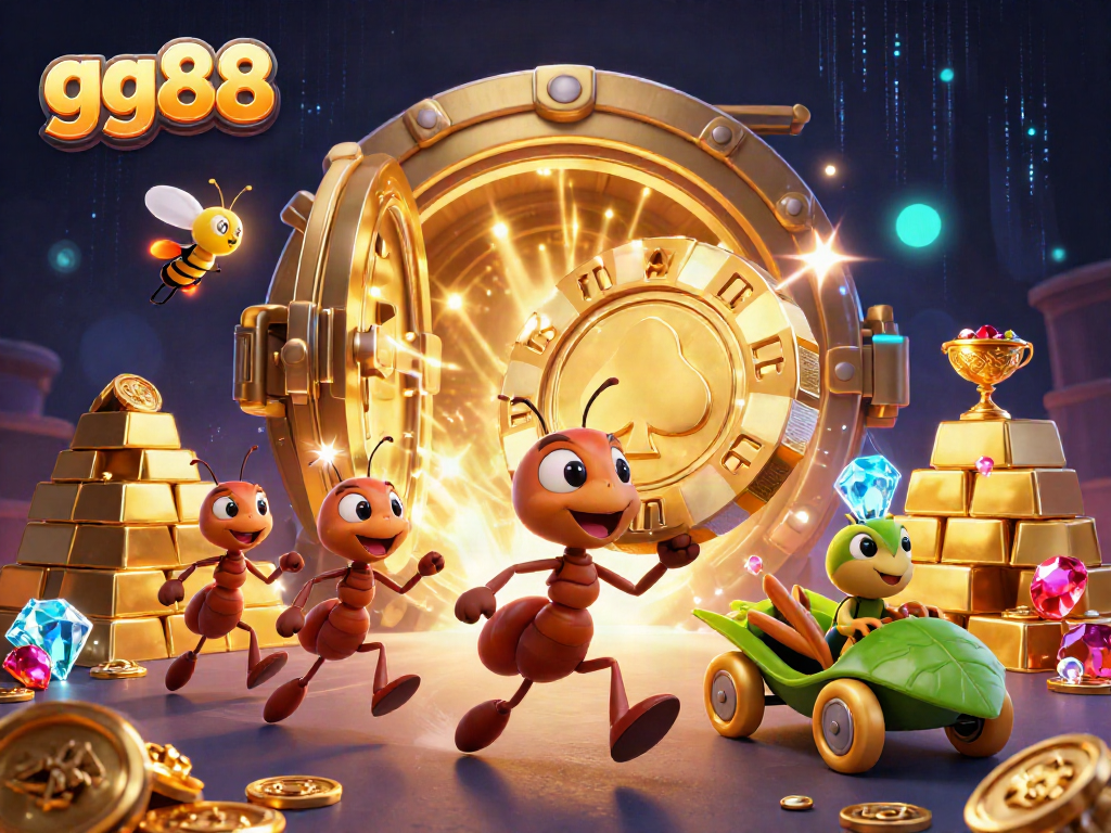 gg88 ants carrying a giant poker chip amidst a treasure vault heist scene with vibrant casino elements