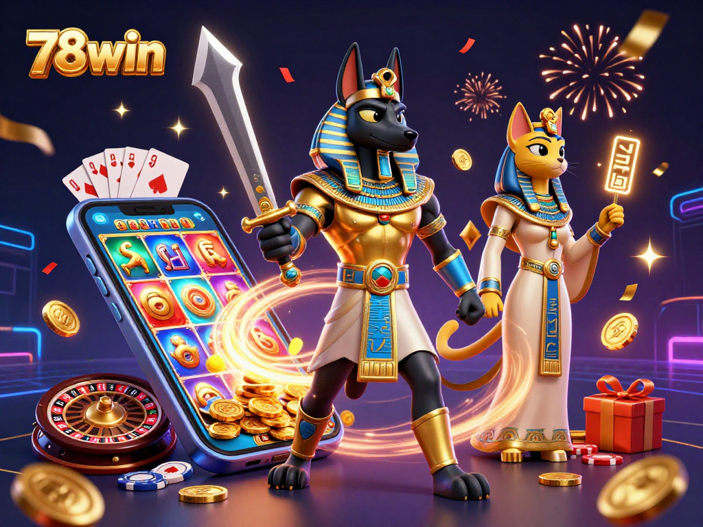 Engage with 78win's vibrant casino experience featuring Anubis and Bastet in a dynamic gaming scene.
