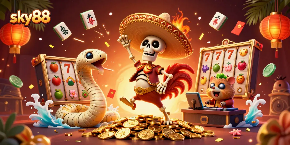 sky88 showcases a vibrant scene with a mariachi rooster, mummy snake, and DJ for dynamic slot game play.