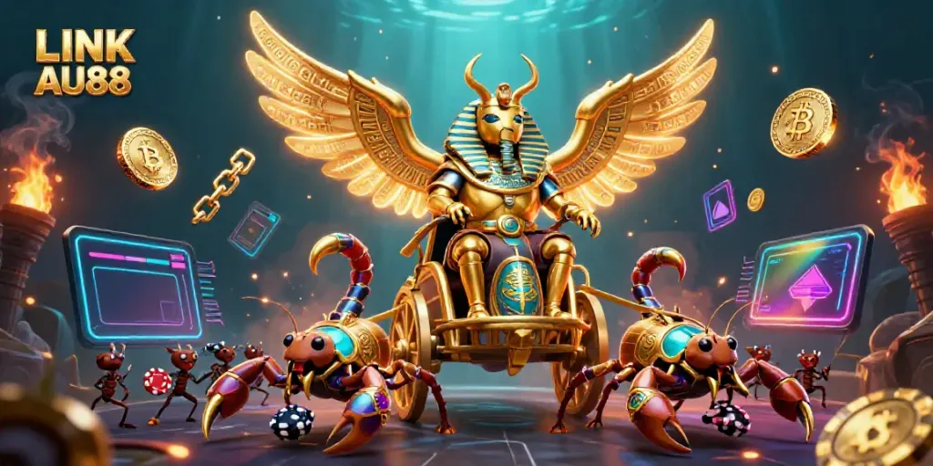 Engage with LINK VÀO AU88, where a golden scarab beetle and scorpions embody ancient gambling intrigue.