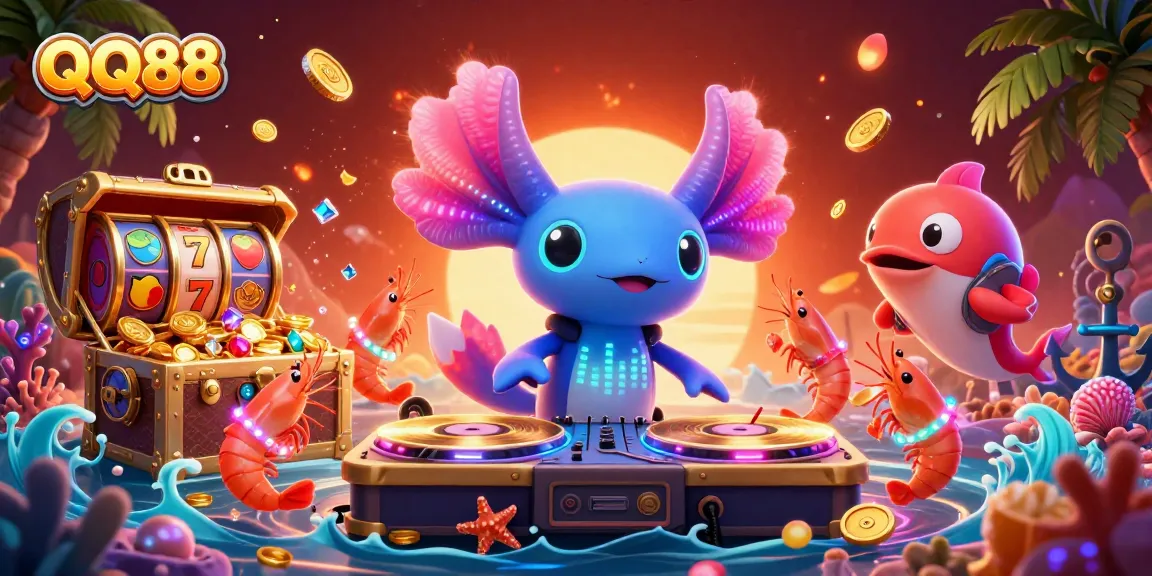 Win big with QQ88 in a vibrant underwater casino scene featuring a DJ axolotl.