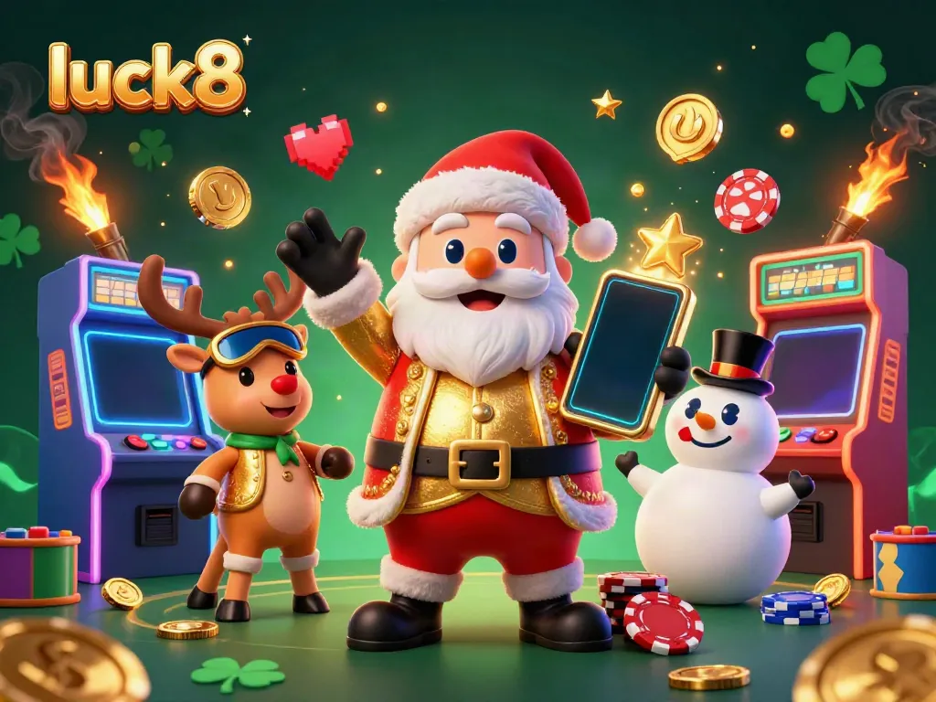 Luck8 features a dynamic casino scene with Santa and casino elements celebrating jackpots.